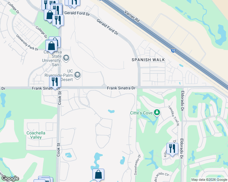map of restaurants, bars, coffee shops, grocery stores, and more near 472 Evergreen Ash in Palm Desert