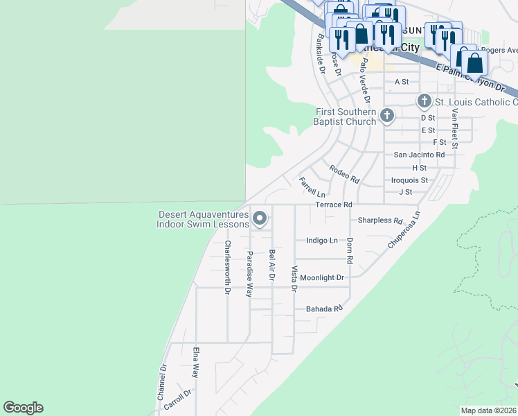 map of restaurants, bars, coffee shops, grocery stores, and more near 68175 Terrace Road in Cathedral City