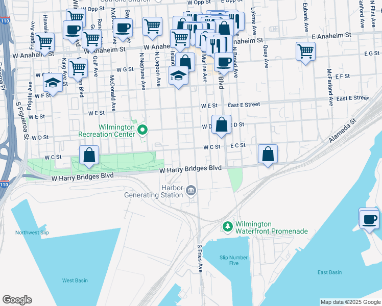 map of restaurants, bars, coffee shops, grocery stores, and more near 245 North Fries Avenue in Los Angeles