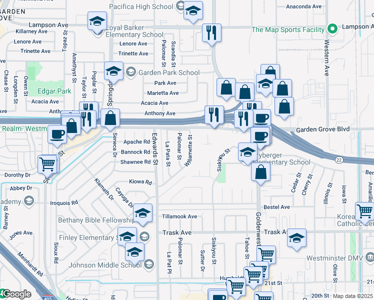 map of restaurants, bars, coffee shops, grocery stores, and more near 13102 Palomar Street in Westminster