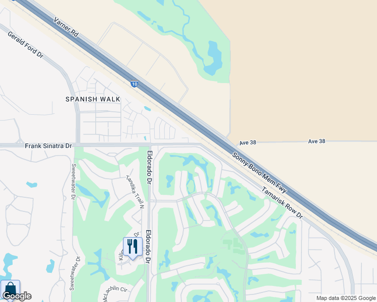 map of restaurants, bars, coffee shops, grocery stores, and more near 38053 Crocus Lane in Palm Desert