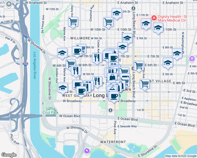 map of restaurants, bars, coffee shops, grocery stores, and more near North Cedar Avenue in Long Beach