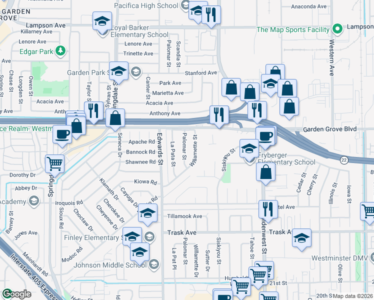 map of restaurants, bars, coffee shops, grocery stores, and more near 13112 Palomar Street in Westminster