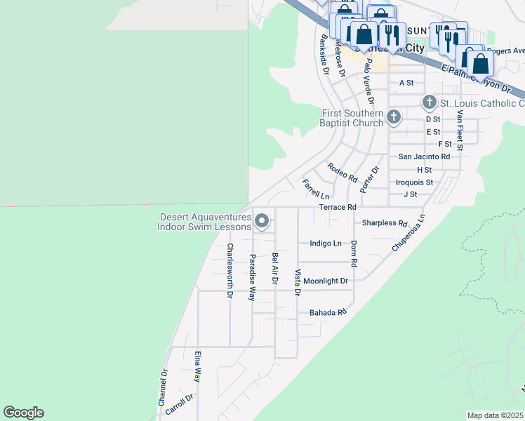 map of restaurants, bars, coffee shops, grocery stores, and more near 68175 Terrace Road in Cathedral City