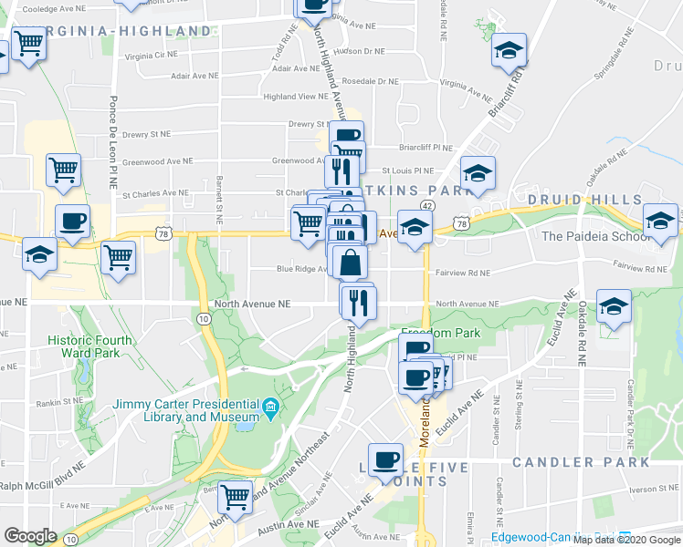 map of restaurants, bars, coffee shops, grocery stores, and more near 1053 Blue Ridge Ave NE in Atlanta