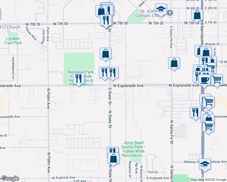 map of restaurants, bars, coffee shops, grocery stores, and more near 2 State Street in Hemet
