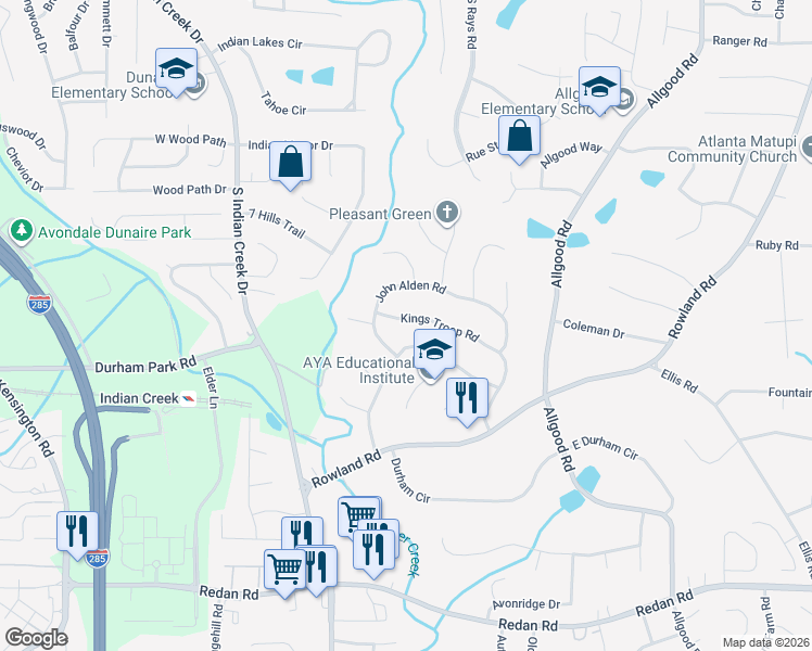 map of restaurants, bars, coffee shops, grocery stores, and more near 4121 Kings Troop Road in Stone Mountain