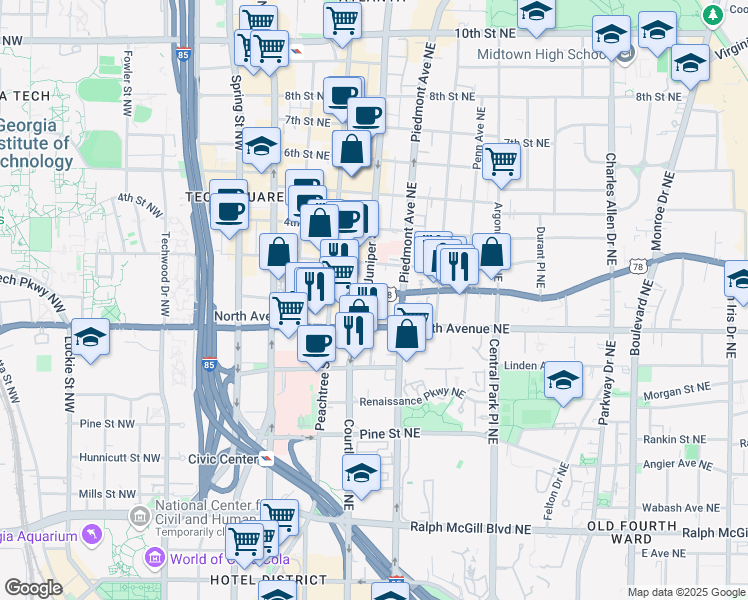 map of restaurants, bars, coffee shops, grocery stores, and more near 150 Ponce De Leon Avenue Northeast in Atlanta