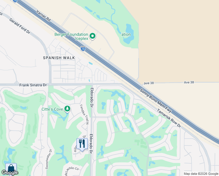 map of restaurants, bars, coffee shops, grocery stores, and more near 38053 Crocus Lane in Palm Desert