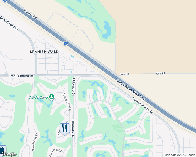 map of restaurants, bars, coffee shops, grocery stores, and more near 38075 Crocus Lane in Palm Desert