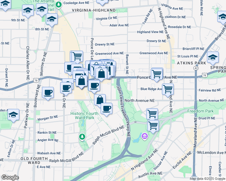 map of restaurants, bars, coffee shops, grocery stores, and more near 653 Bonaventure Avenue Northeast in Atlanta