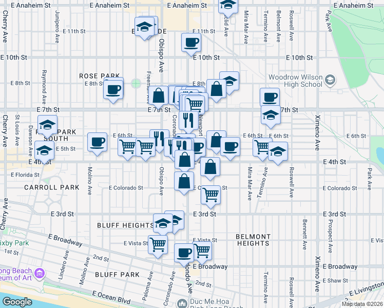 map of restaurants, bars, coffee shops, grocery stores, and more near 420 Redondo Avenue in Long Beach