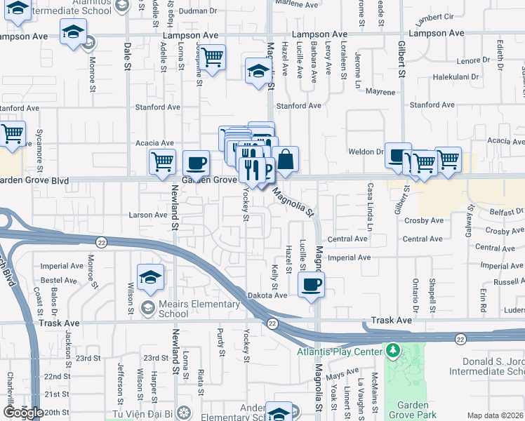 map of restaurants, bars, coffee shops, grocery stores, and more near 13082 Yockey Street in Garden Grove