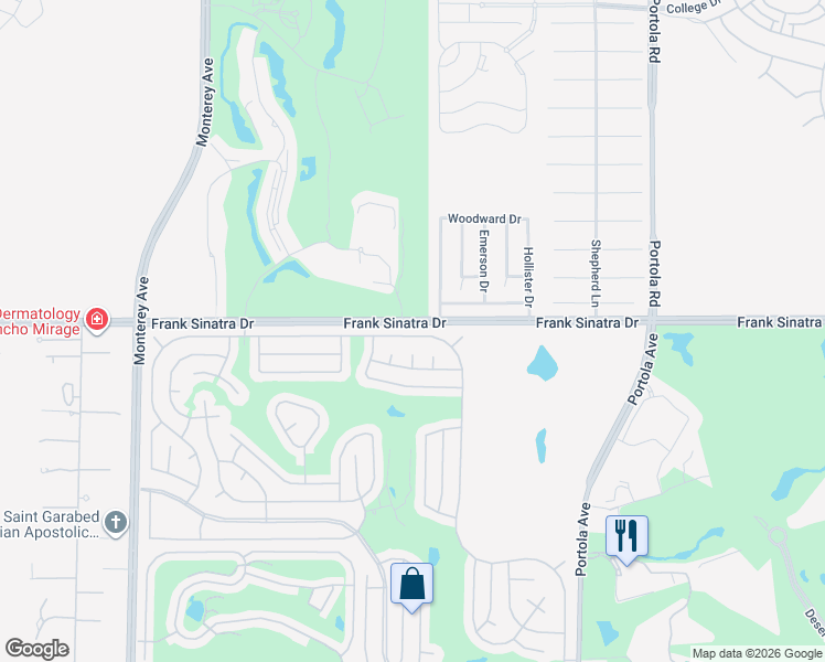 map of restaurants, bars, coffee shops, grocery stores, and more near 73664 Desert Greens Drive East in Palm Desert