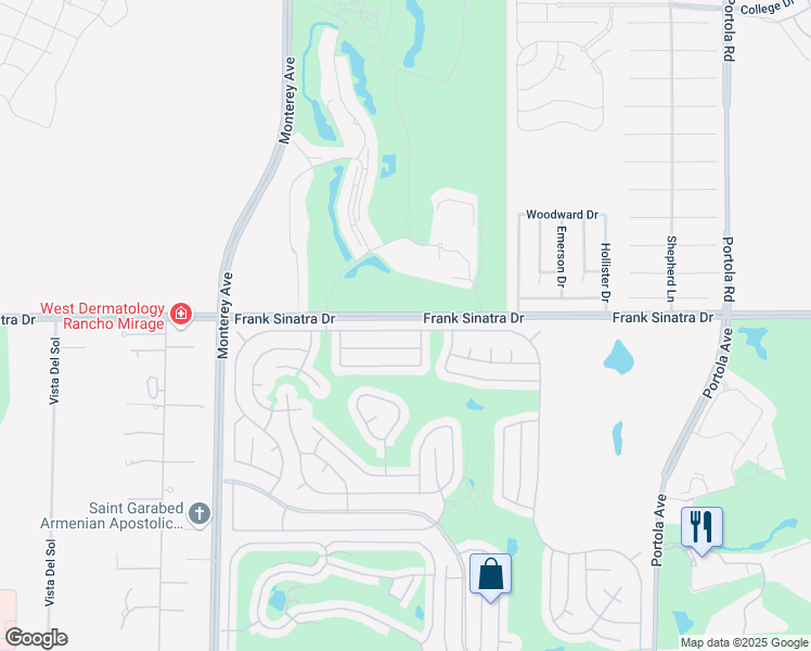 map of restaurants, bars, coffee shops, grocery stores, and more near 73420 Desert Greens Drive North in Palm Desert