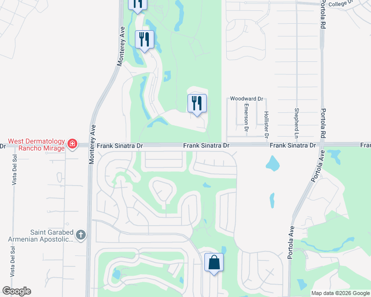 map of restaurants, bars, coffee shops, grocery stores, and more near 73470 Desert Greens Drive South in Palm Desert