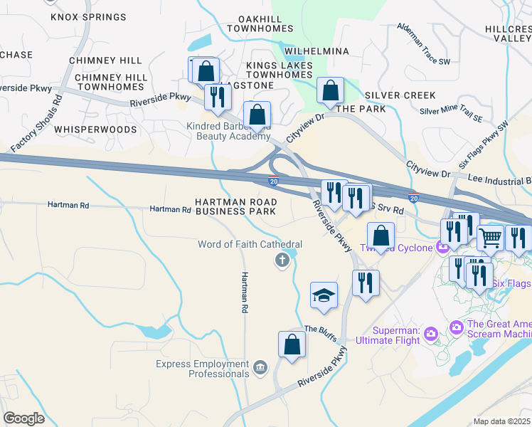 map of restaurants, bars, coffee shops, grocery stores, and more near 272 Twin Hill Road in Austell