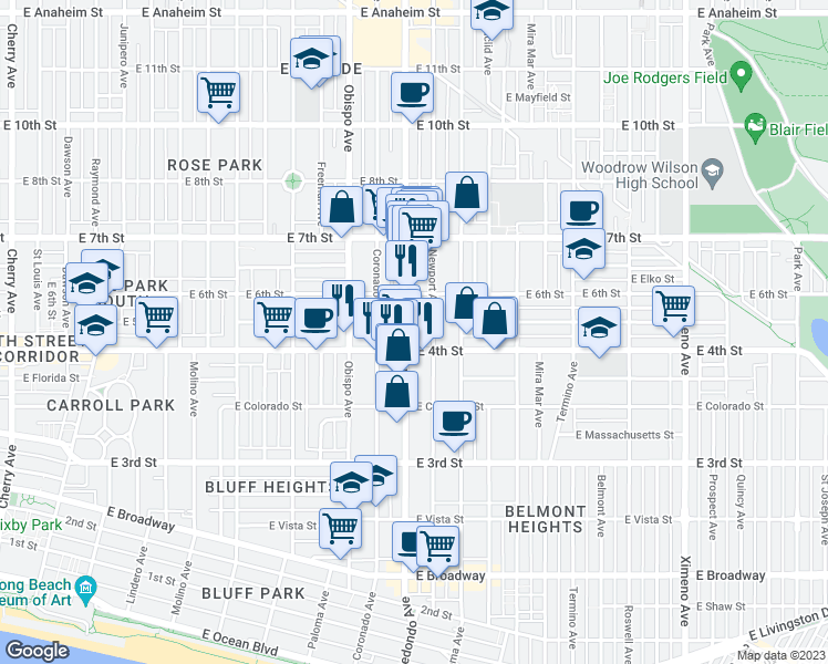 map of restaurants, bars, coffee shops, grocery stores, and more near 420 Redondo Avenue in Long Beach