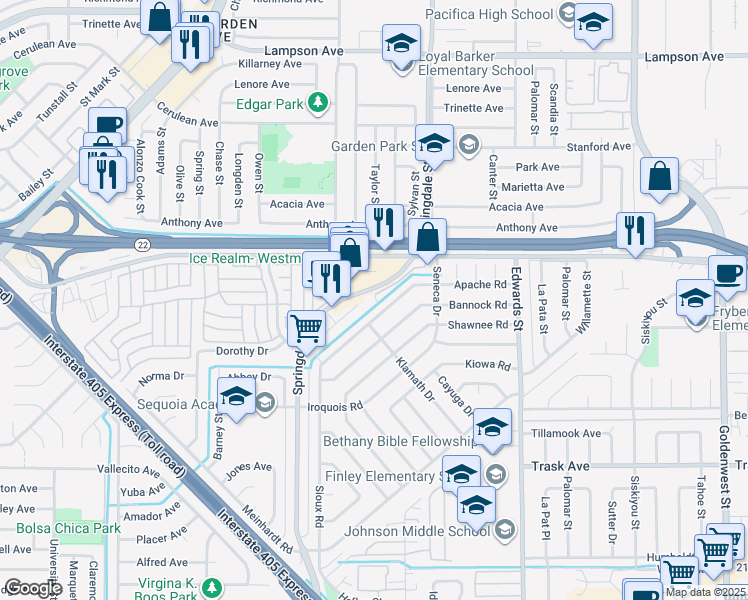 map of restaurants, bars, coffee shops, grocery stores, and more near 13053 Springarden Lane in Westminster