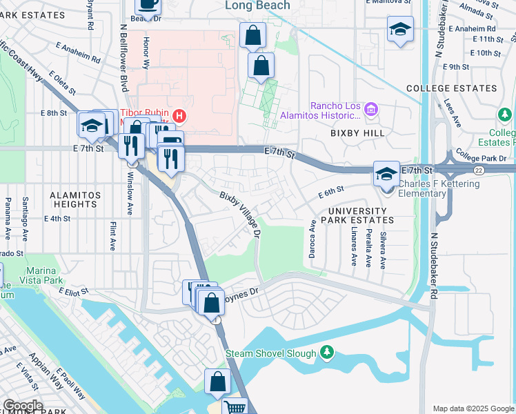 map of restaurants, bars, coffee shops, grocery stores, and more near 430 Burlington Court in Long Beach
