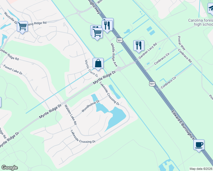 map of restaurants, bars, coffee shops, grocery stores, and more near 101 Walden Lake Road in Conway