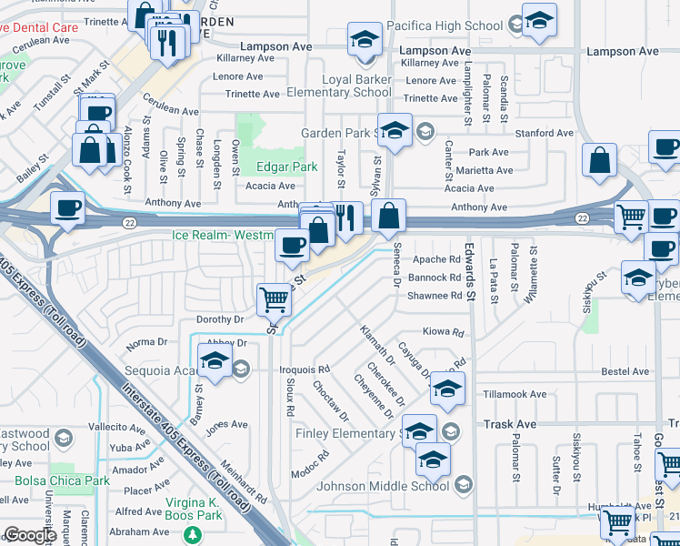 map of restaurants, bars, coffee shops, grocery stores, and more near 13053 Springarden Lane in Westminster