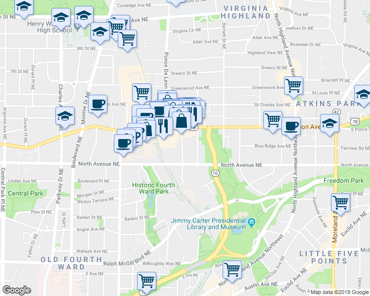 map of restaurants, bars, coffee shops, grocery stores, and more near 653 Somerset Terrace Northeast in Atlanta