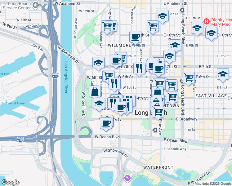 map of restaurants, bars, coffee shops, grocery stores, and more near 519 West Melrose Way in Long Beach