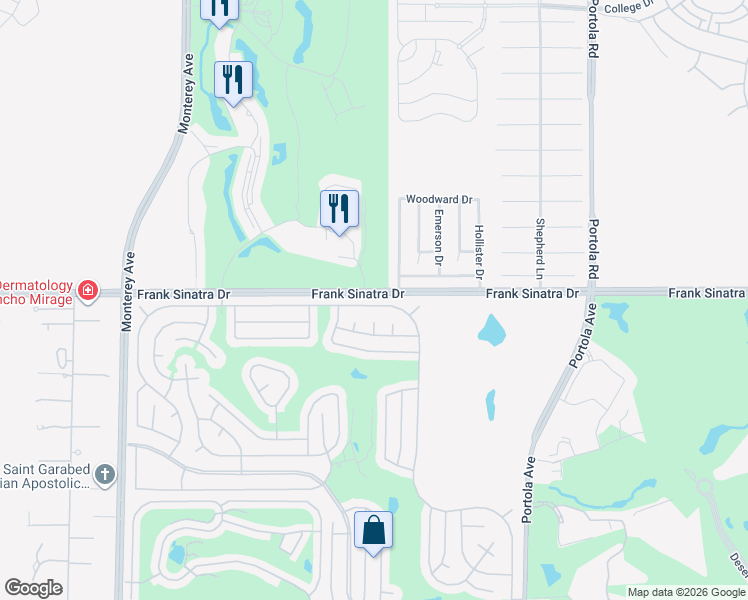 map of restaurants, bars, coffee shops, grocery stores, and more near 73664 Desert Greens Drive East in Palm Desert