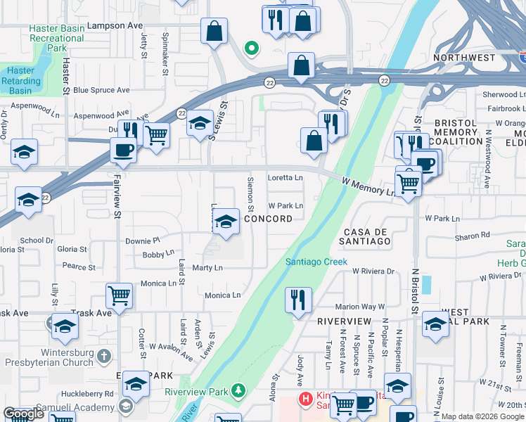 map of restaurants, bars, coffee shops, grocery stores, and more near 2616 Townley Street in Santa Ana