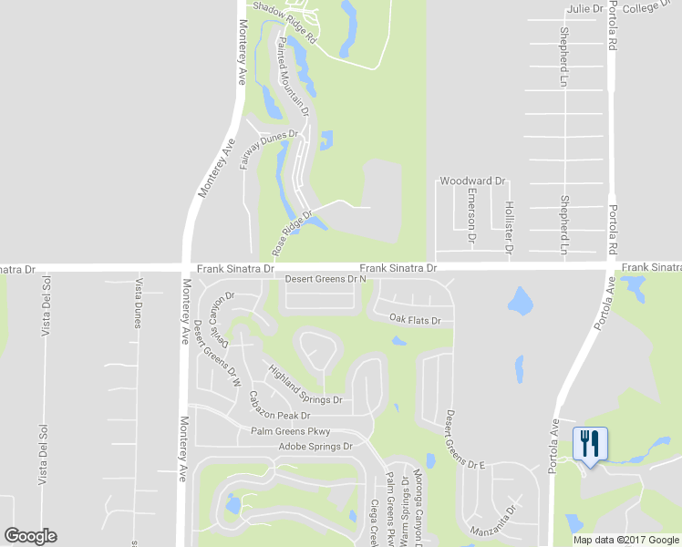 map of restaurants, bars, coffee shops, grocery stores, and more near 73420 Desert Greens Drive North in Palm Desert