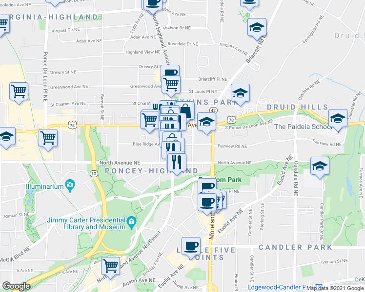 map of restaurants, bars, coffee shops, grocery stores, and more near 1095 Blue Ridge Avenue Northeast in Atlanta