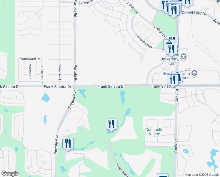 map of restaurants, bars, coffee shops, grocery stores, and more near 74869 Frank Sinatra Drive in Palm Desert