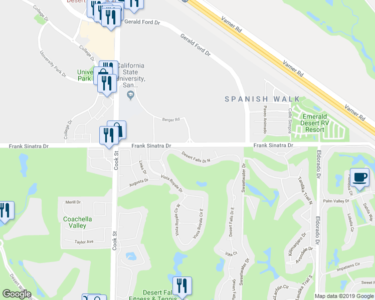 map of restaurants, bars, coffee shops, grocery stores, and more near 514 Desert Falls Drive North in Palm Desert