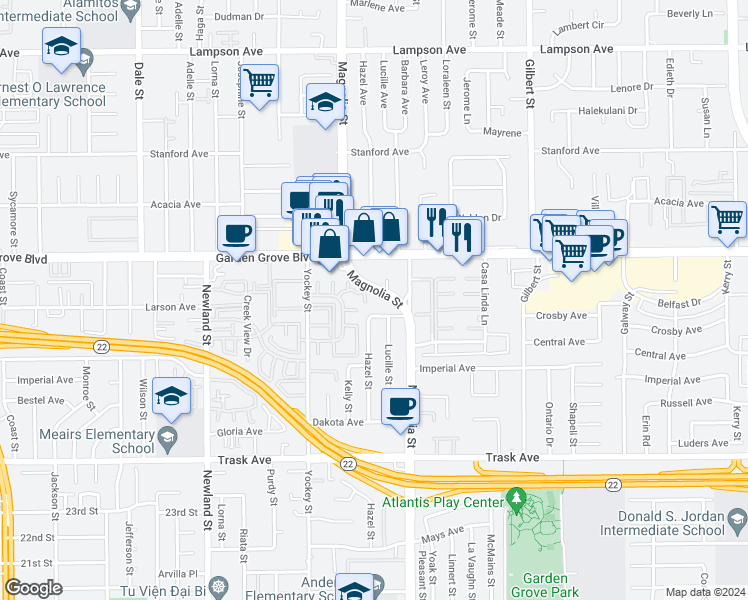 map of restaurants, bars, coffee shops, grocery stores, and more near 13135 Magnolia Street in Garden Grove