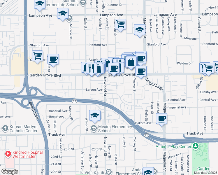 map of restaurants, bars, coffee shops, grocery stores, and more near 13092 Newland Street in Garden Grove