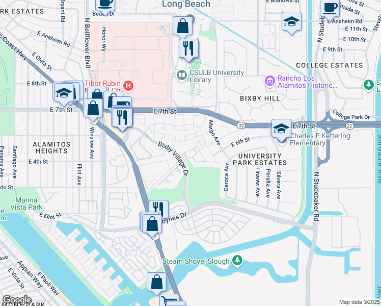 map of restaurants, bars, coffee shops, grocery stores, and more near 420 Cranston Court in Long Beach