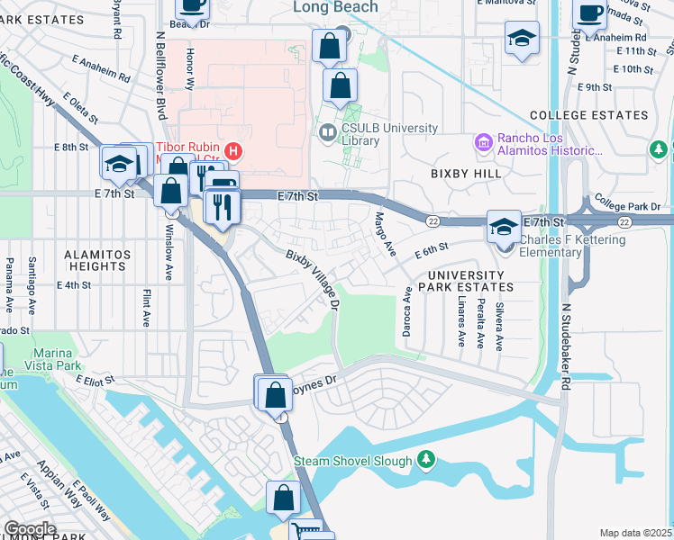 map of restaurants, bars, coffee shops, grocery stores, and more near 441 Burlington Court in Long Beach