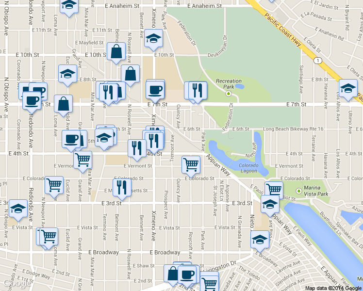 map of restaurants, bars, coffee shops, grocery stores, and more near 507 Roycroft Avenue in Long Beach