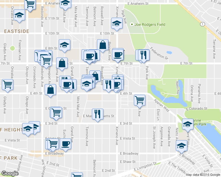 map of restaurants, bars, coffee shops, grocery stores, and more near 4228 East 5th Street in Long Beach