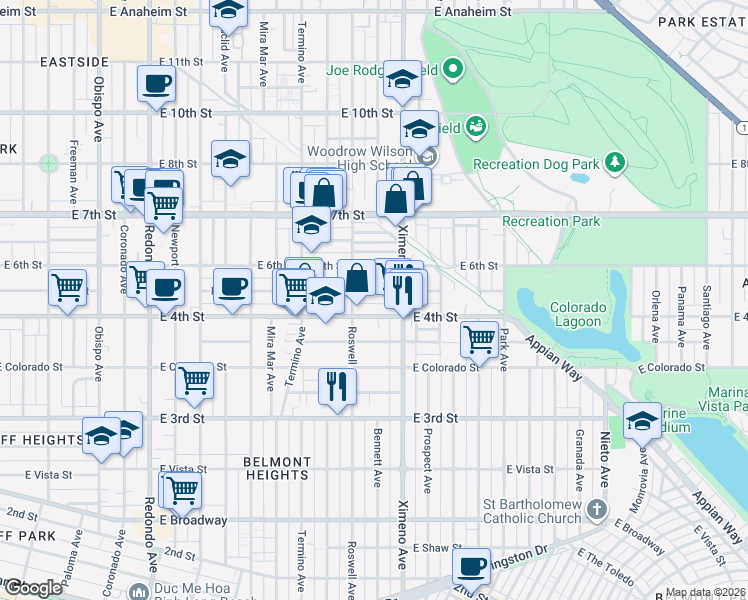 map of restaurants, bars, coffee shops, grocery stores, and more near 4228 East 5th Street in Long Beach