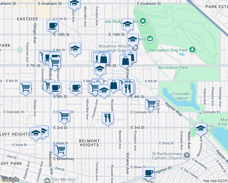 map of restaurants, bars, coffee shops, grocery stores, and more near 4228 East 5th Street in Long Beach