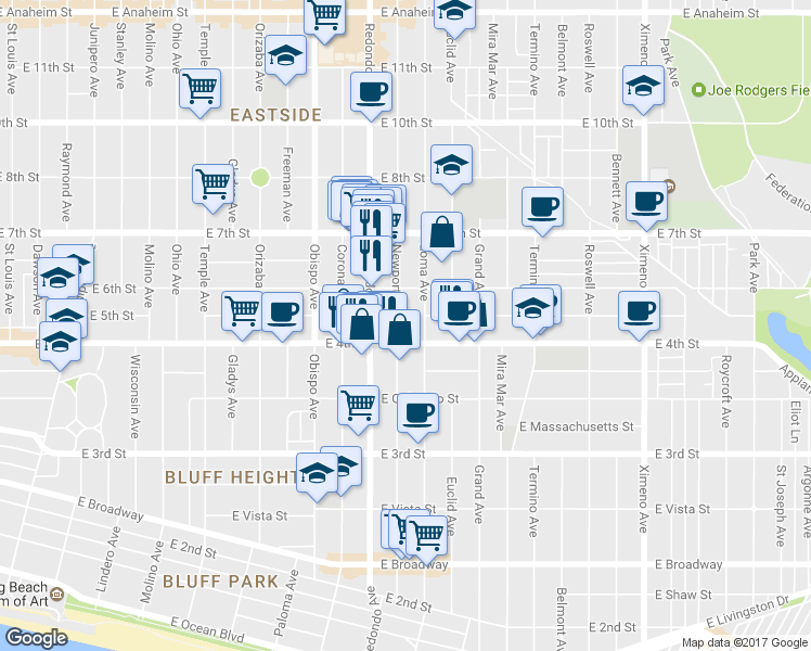map of restaurants, bars, coffee shops, grocery stores, and more near 435 Loma Avenue in Long Beach