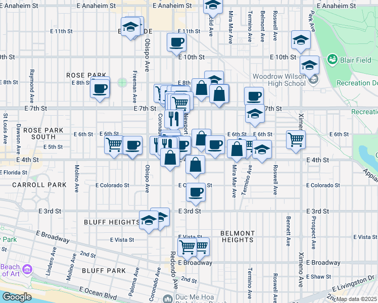 map of restaurants, bars, coffee shops, grocery stores, and more near 426 Newport Avenue in Long Beach