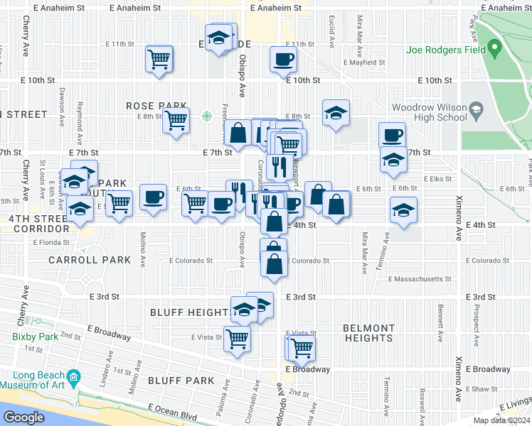 map of restaurants, bars, coffee shops, grocery stores, and more near 444 Coronado Avenue in Long Beach