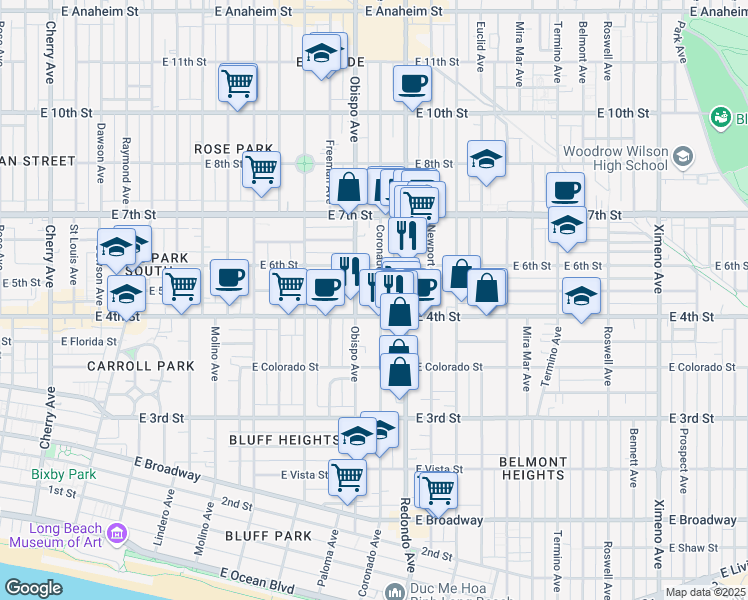 map of restaurants, bars, coffee shops, grocery stores, and more near 444 Coronado Avenue in Long Beach