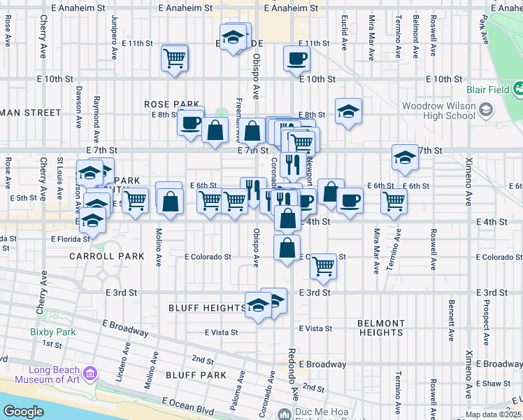 map of restaurants, bars, coffee shops, grocery stores, and more near 3124 East 5th Street in Long Beach