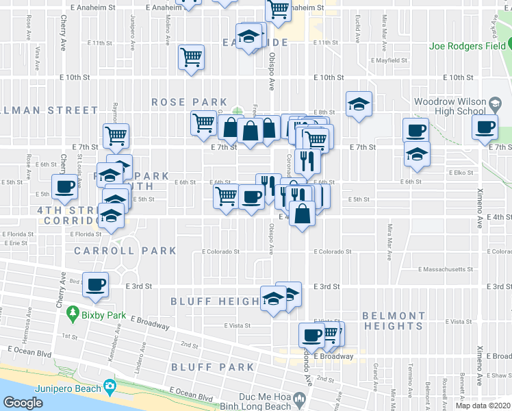 map of restaurants, bars, coffee shops, grocery stores, and more near 3124 East 5th Street in Long Beach