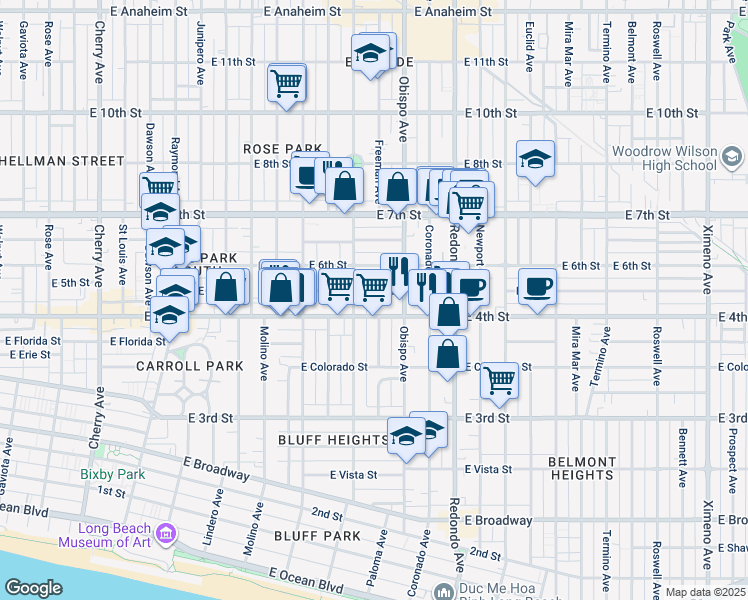 map of restaurants, bars, coffee shops, grocery stores, and more near 3010 East 5th Street in Long Beach