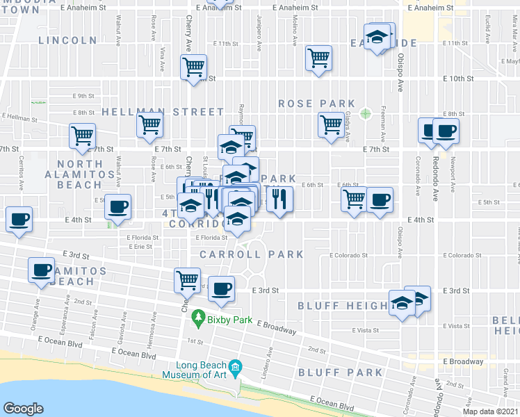 map of restaurants, bars, coffee shops, grocery stores, and more near 2300 East 5th Street in Long Beach